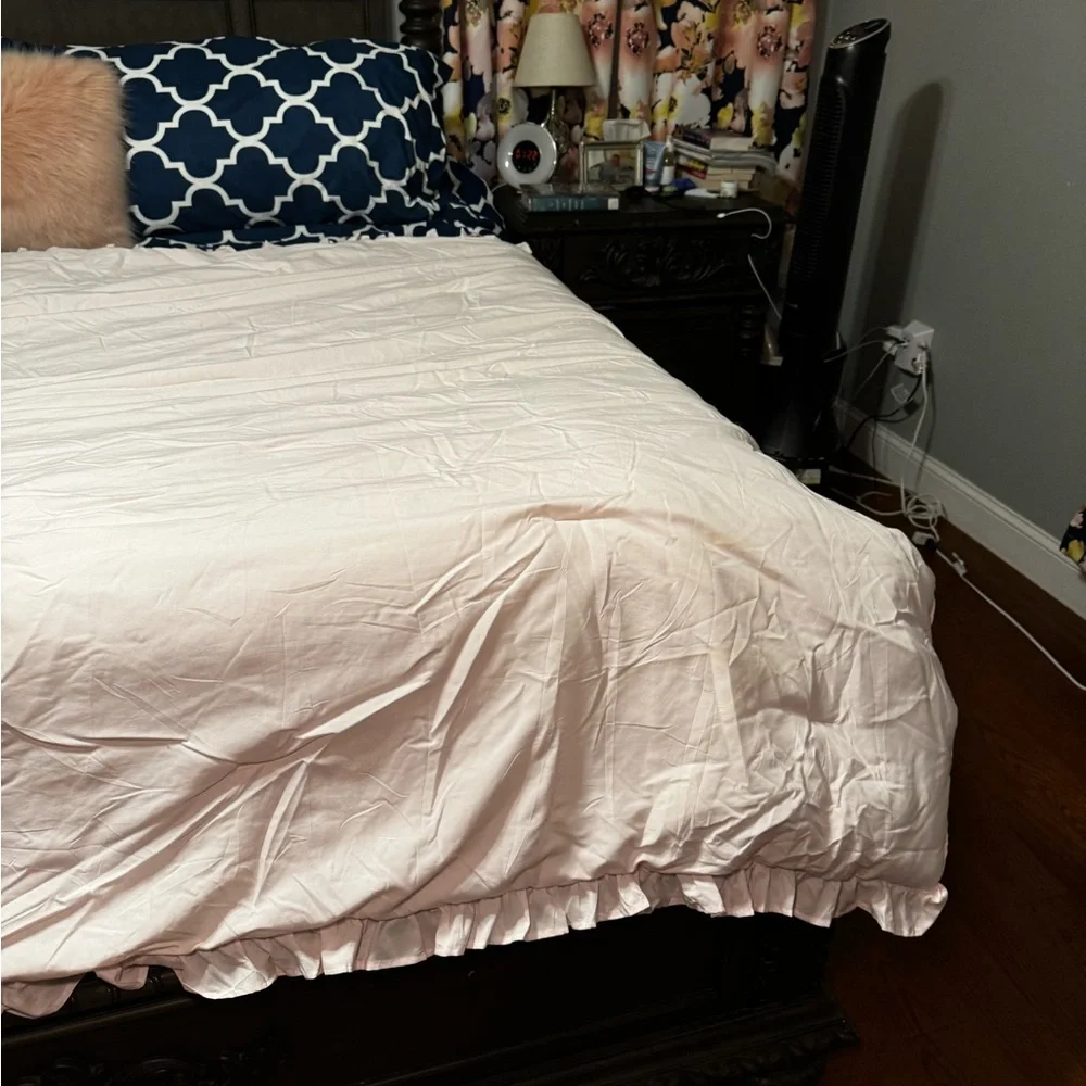 Euc pale pink ruffle comforter with sheets and pillow case twin xl